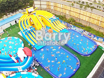 Spongebob Cartoon Inflatable Water Park Big Capacity With 2 Pools / 3 Lane Slide